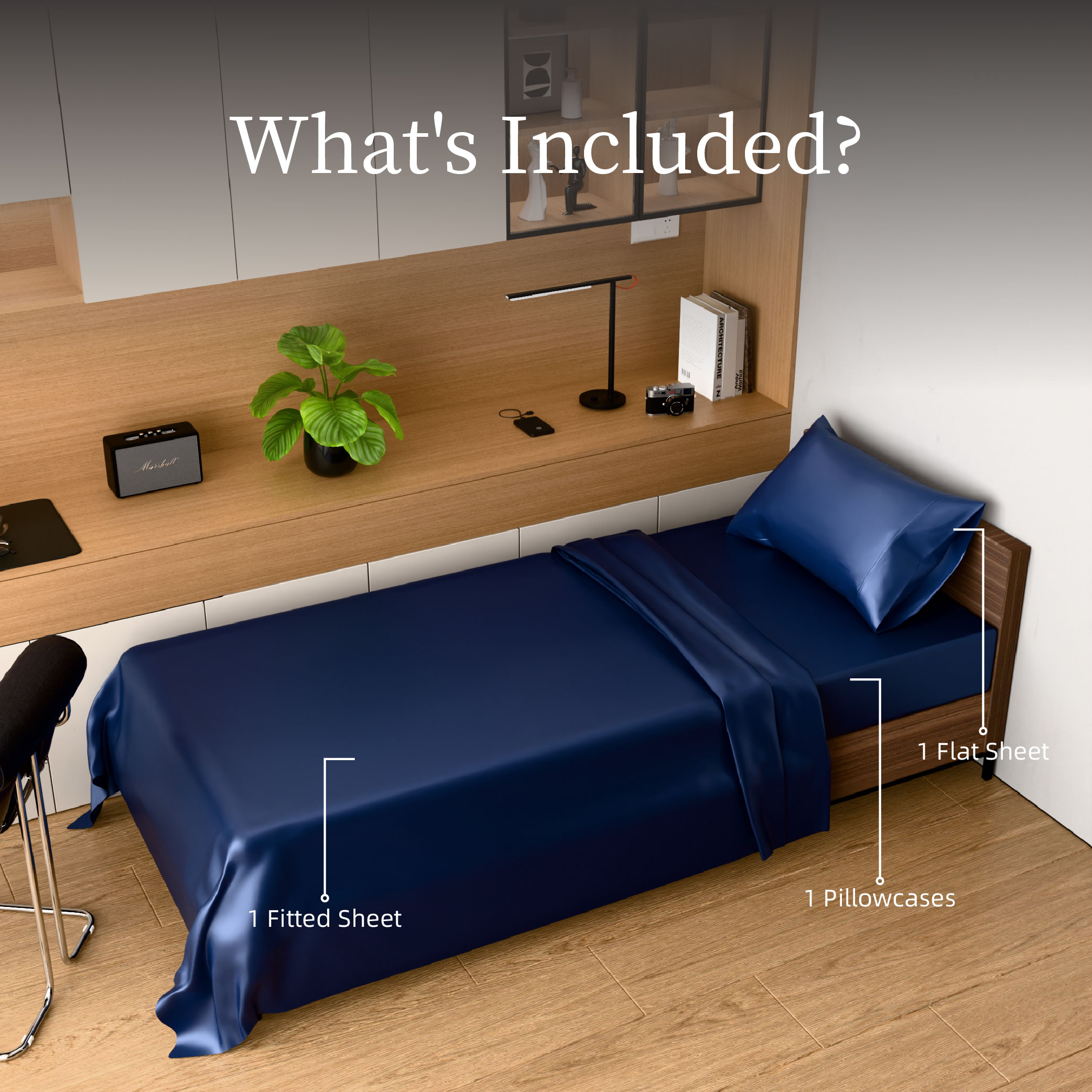 Satin Bed Sheets, Twin Size Sheets Set, 3 Pcs Silky Bedding Set With 15 Inches Deep Pocket For Mattress (Twin, Navy Blue)_voghion.com